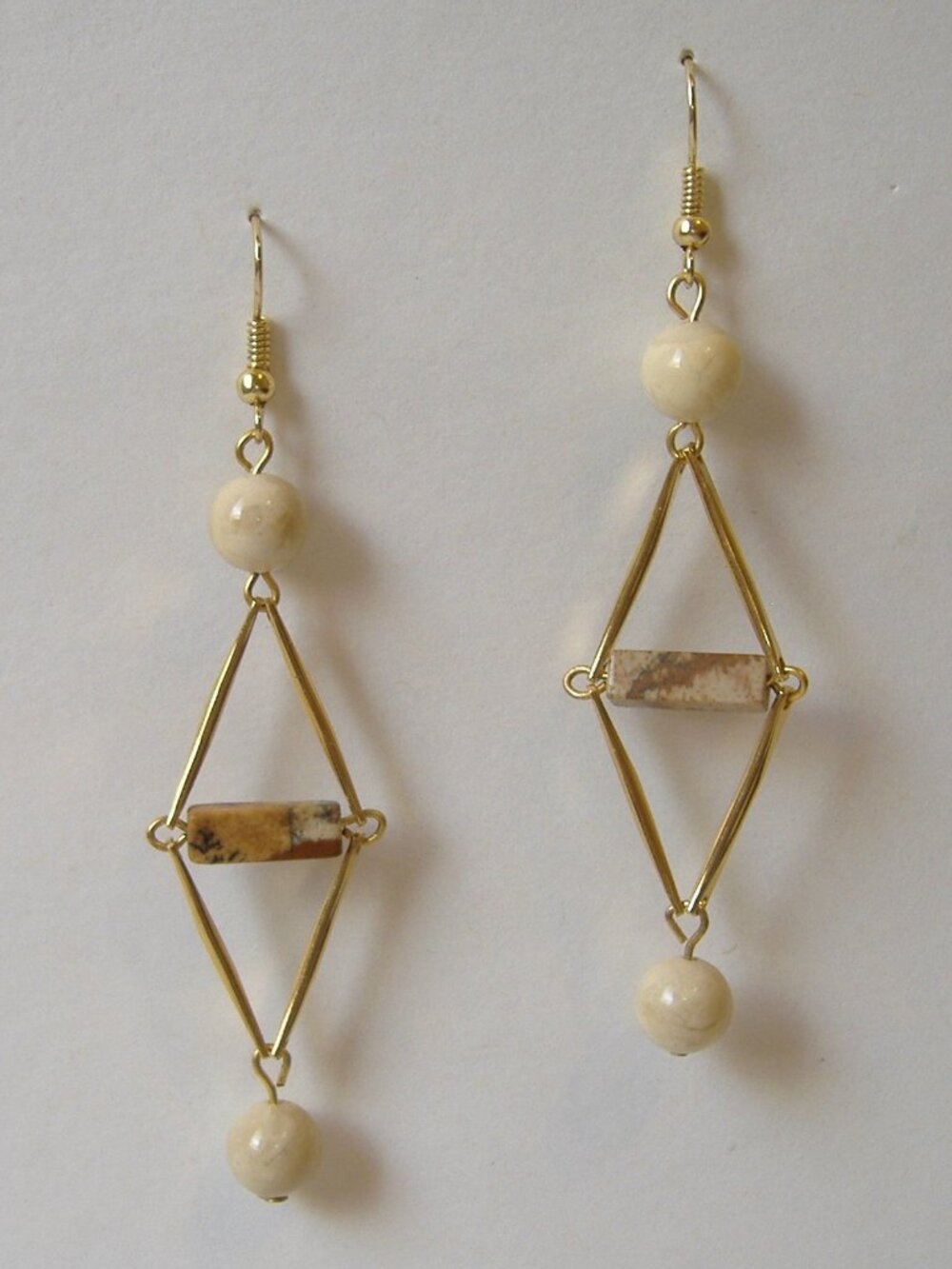 Brown Beige Beaded Earrings Gold Metal Diamond Shape Handmade Dangle New Gift